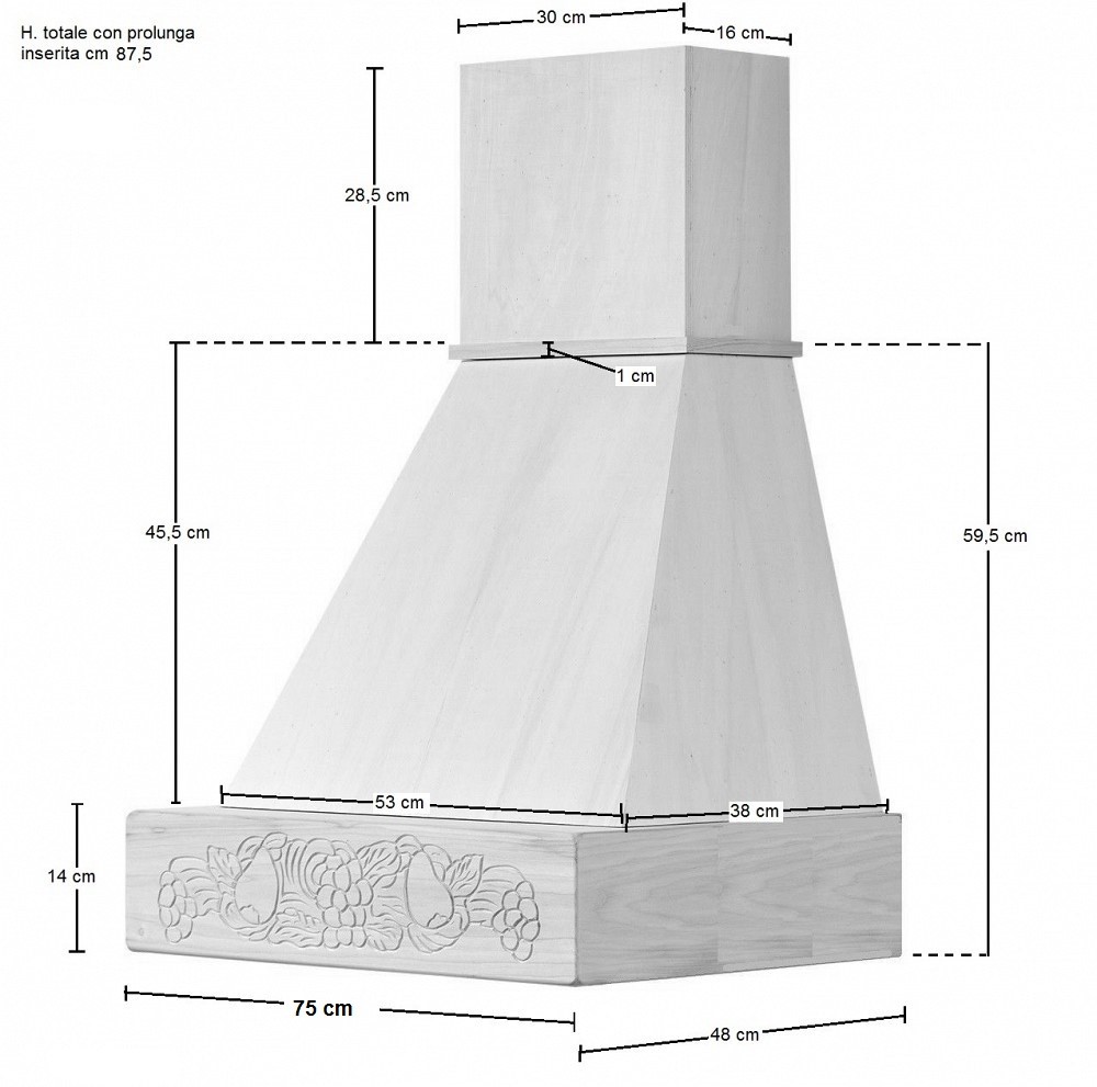 Cappa rustica legno FRUTTA 75 toulipie grezzo,cono grezzo,motore B52